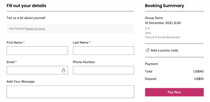 A screenshot showing the booking form on a live site.