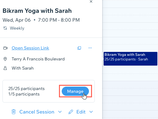 A screenshot showing how to manage the participant list for a session in the Booking calendar.