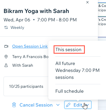 A screenshot showing editing a specific upcoming session.