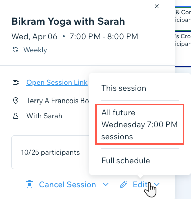 A screenshot showing editing all future sessions.