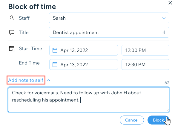 A screenshot showing how to leave a note to self explaining why you're blocking off time in the Booking Calendar.