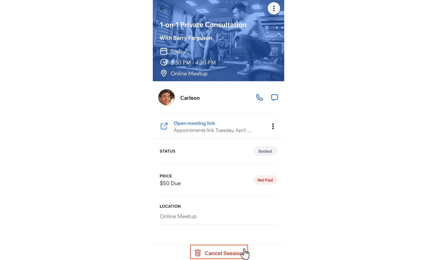 Screenshot, der zeigt, wie du eine Session mit einem Termin in der Wix Owner App absagen kannst.