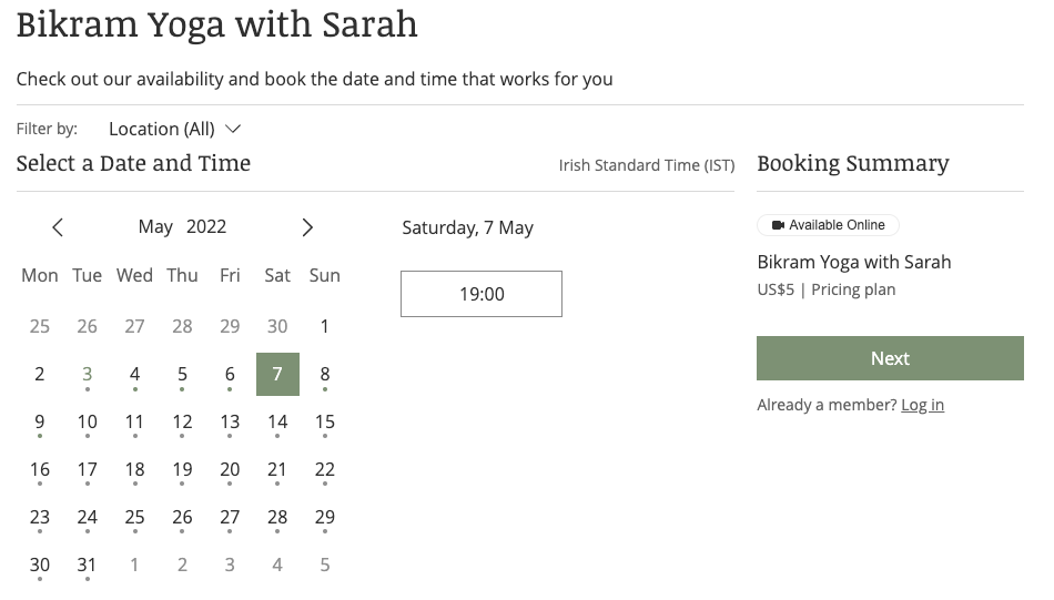 A screenshot showing the Calendar Page that clients see when they go to book a service.