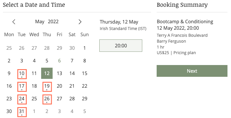 A screenshot showing the booking calendar on a wix site.