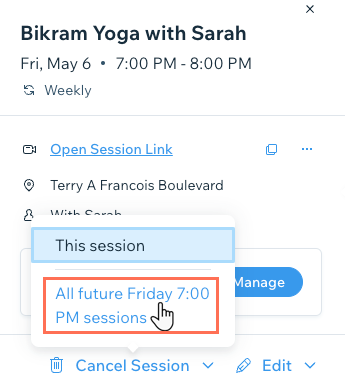 A screenshot showing how to cancel all future sessions of a class.