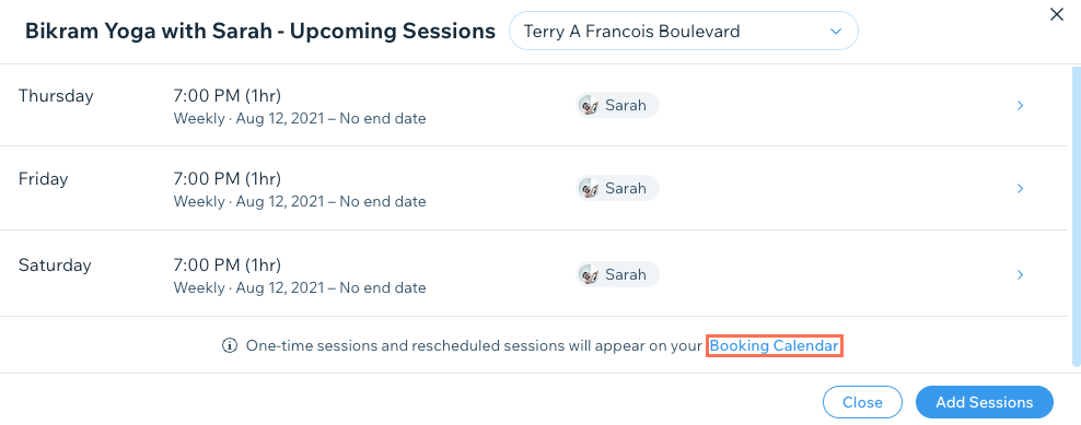 A screenshot showing how to access the Booking calendar from schedule of a service in Booking services in the dashboard.