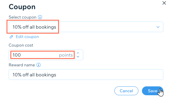 Een screenshot van het instellen van een coupon op de dashboardpagina van het loyaliteitsprogramma.