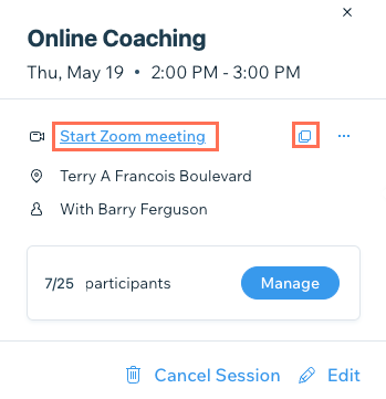 A screenshot showing how to start your online session from the Booking Calendar.