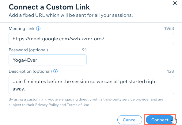 A screenshot showing how to set up a custom VC link from the service creation form in the dashboard.