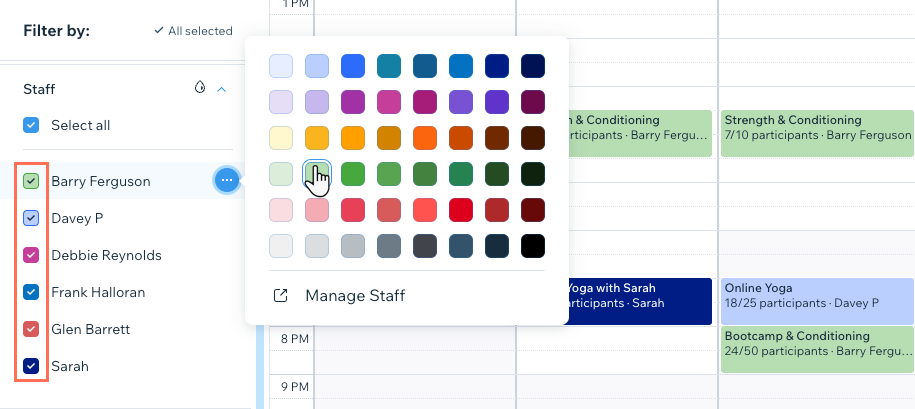 Screenshot che mostra come cambiare il colore di un membro dello staff nel Calendario prenotazioni