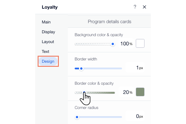 A screenshot of the design settings for Wix Loyalty.