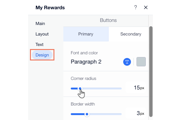 A screenshot of the design settings for the My Rewards page.