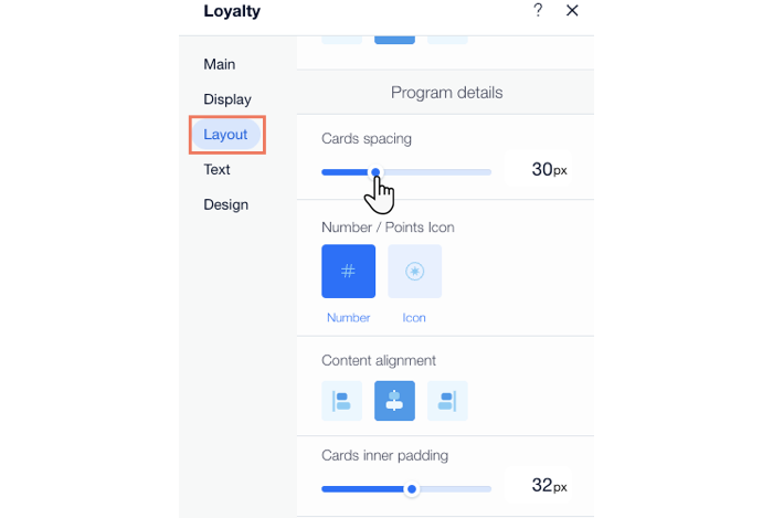 A screenshot of the layout settings for Wix Loyalty.