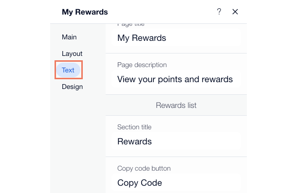 A screenshot of the text settings for the My Rewards page.