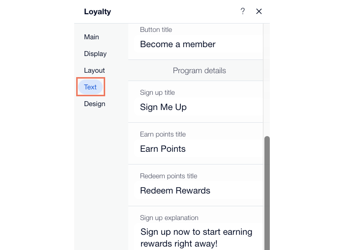 A screenshot of the text settings for Wix Loyalty.