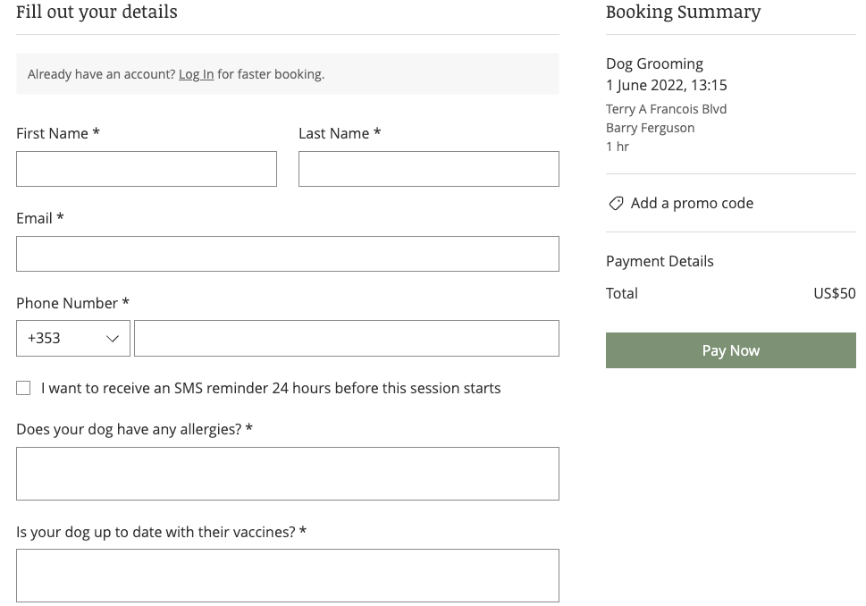 A screenshot showing an example of a booking form.