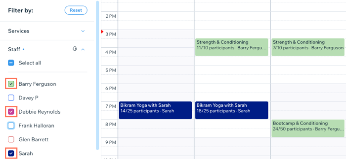 A screenshot showing how to filter your booking calendar by staff member.