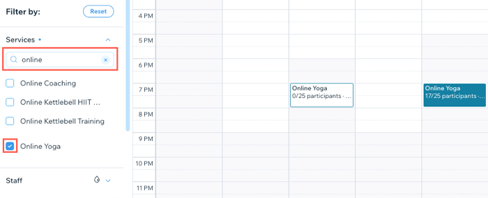 Screenshot, der zeigt, wie du deinen Buchungskalender nach Services filtern kannst