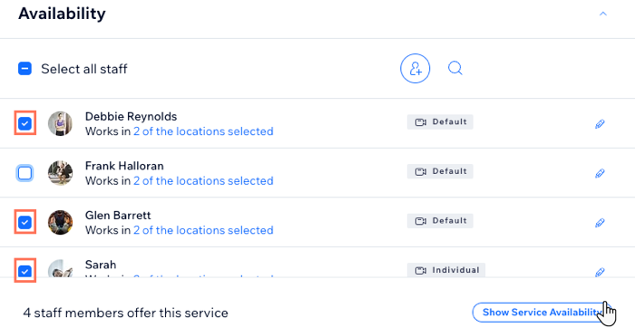 A screenshot showing selected staff members and where to show service availability.