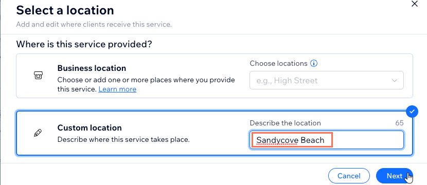 Capture d'écran montrant comment ajouter un emplacement personnalisé pour votre service.