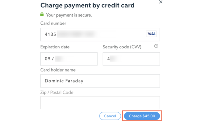 A screenshot showing how to enter a customer's credit card details to accept payment from them.