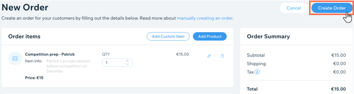 A screenshot showing how to create a manual order in the orders tab in the dashboard.