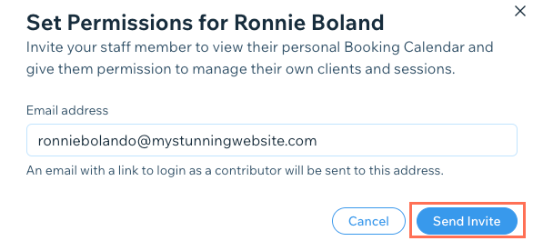 A screenshot showing how to send an invite to a staff member so they can sync their personal calendar.