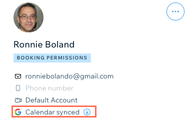 A screenshot showing a staff member with a synced personal calendar in the wix dashboard.