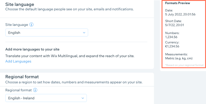 A screenshot showing how to choose your site language, currency, time zone and account language in the dashboard.