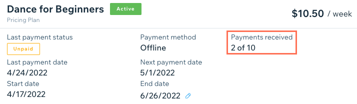 A screenshot showing how many payments have been received for a pricing plan.