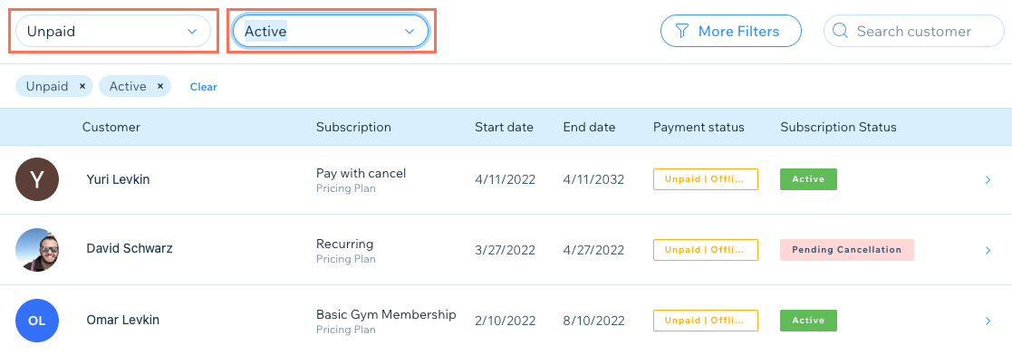 Uma captura de tela da lista de assinaturas, filtrada por status de pagamento e atividade.