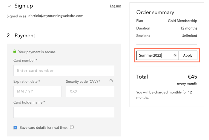 A screenshot showing how customers apply discount coupons at checkout.