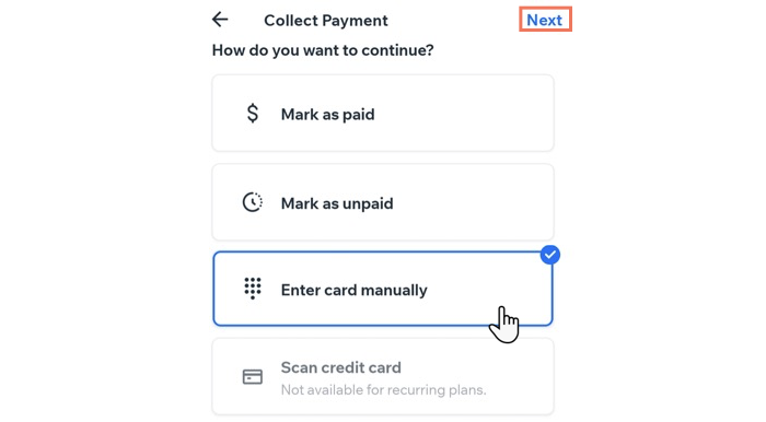 A screenshot showing how to enter card info manually on the wix app.