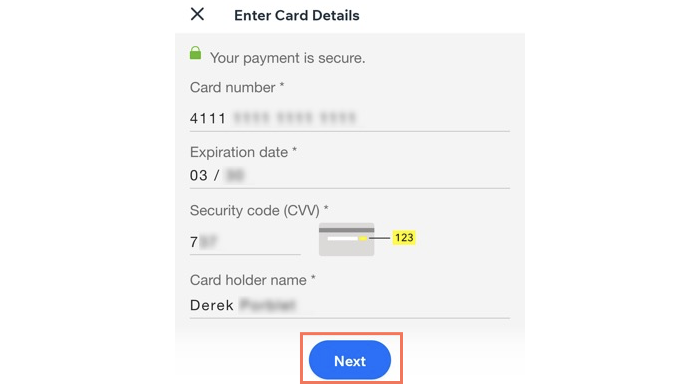 A screenshot showing a client's credit card details entered in the relevant fields on the wix app.