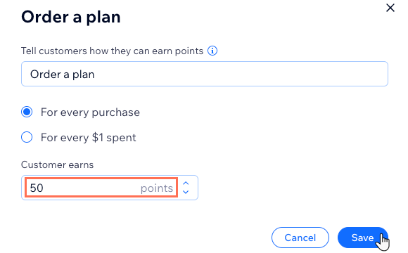 Capture d'écran montrant comment configurer la façon dont vos clients gagnent des points de fidélité.