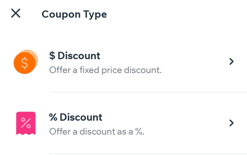 Une capture d'écran montrant comment choisir le type de coupon de réduction que vous souhaitez créer sur l'appli Wix Owner.