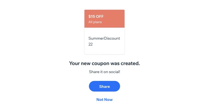 A screenshot showing a newly-created discount coupon on the Wix owner app.