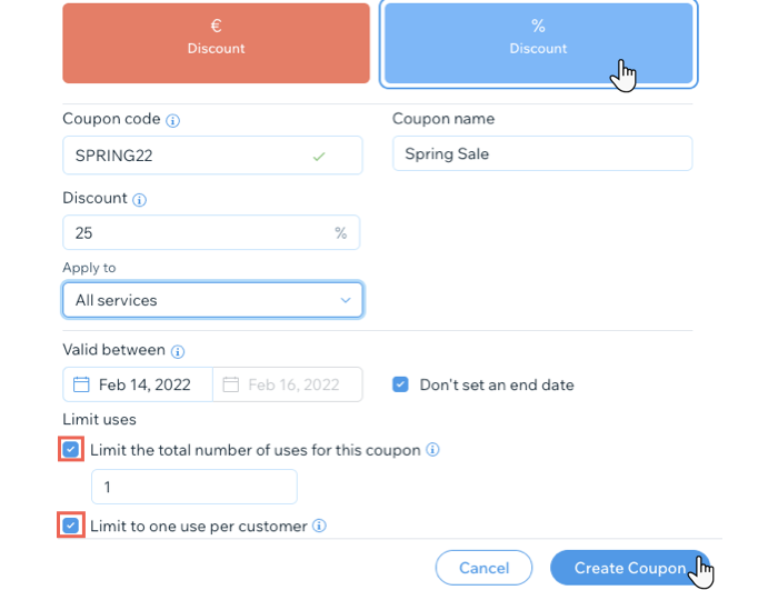 A screenshot showing how to create a percentage discount coupon.