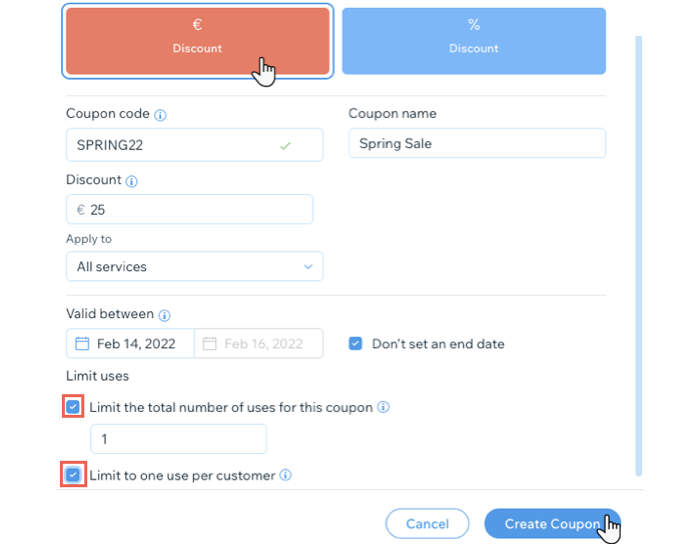 A screenshot showing how to create a monetary discount coupon.