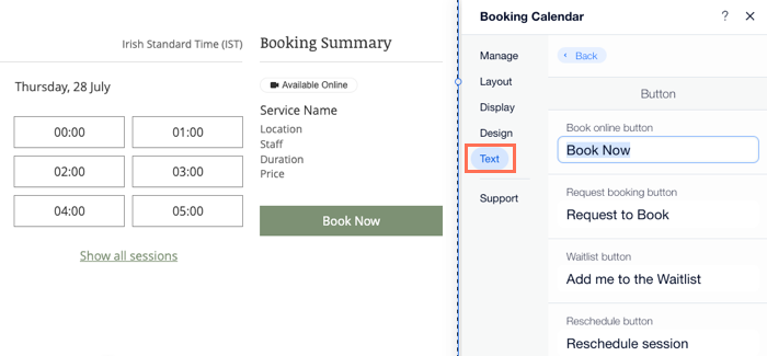 Screenshot showing how to edit the text that appears on your booking calendar.