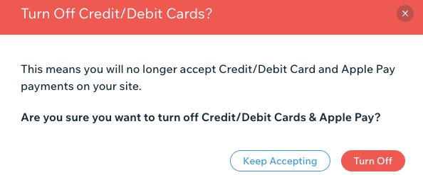 A screenshot showing how to turn off credit/debit cards before switching payment providers.