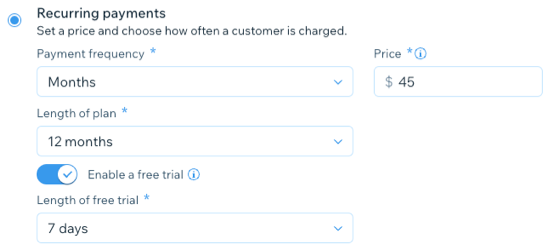 A screenshot showing how to create a recurring pricing plan in the dashboard.