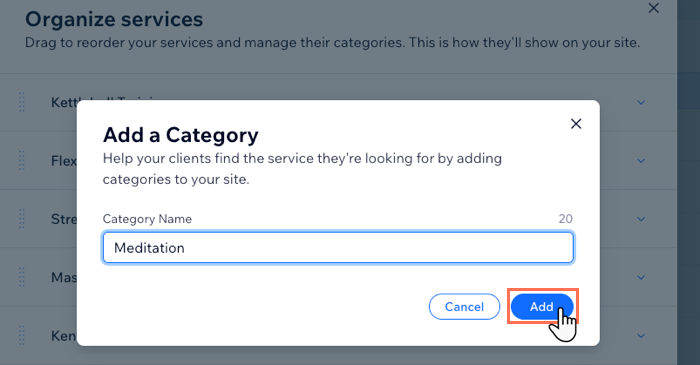 A screenshot showing how to add a services category in the dashboard.