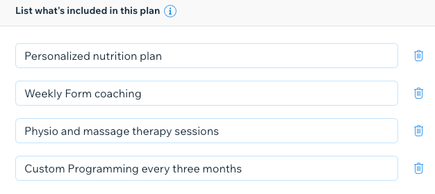 A screenshot showing how to list waht is included in the new pricing plan you are creating.