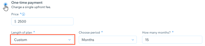 Captura de pantalla que muestra cómo agregar una duración personalizada de plan a tu plan de precios.