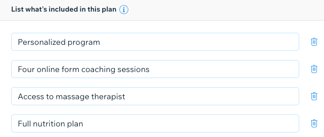 A screenshot showing how to list benefits included in a plan.