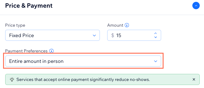 A screenshot showing how to choose your payment preferences in the service creation form.