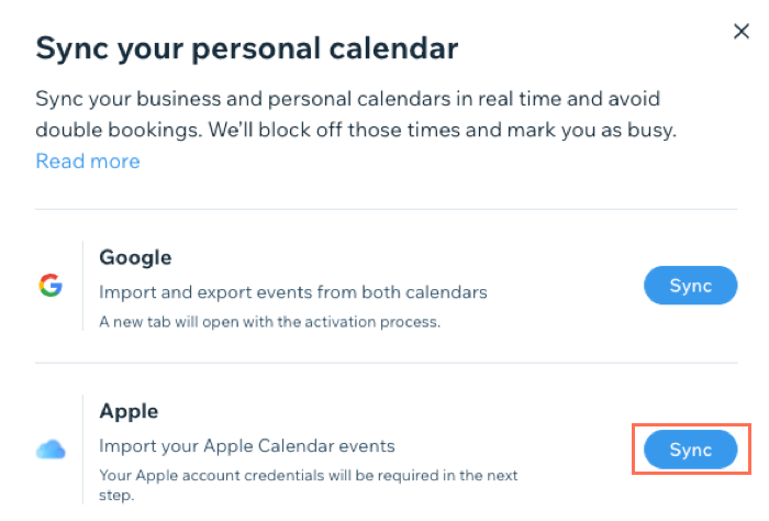 Uma captura de tela mostrando como sincronizar seu Apple iCal com o calendário de agendamentos.