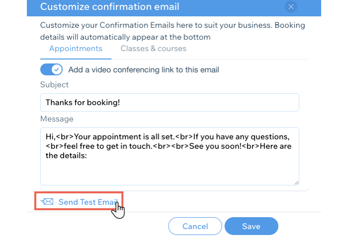 Screenshot showing how to send a test confirmation email.