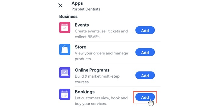 A screenshot showing where to add bookings app.